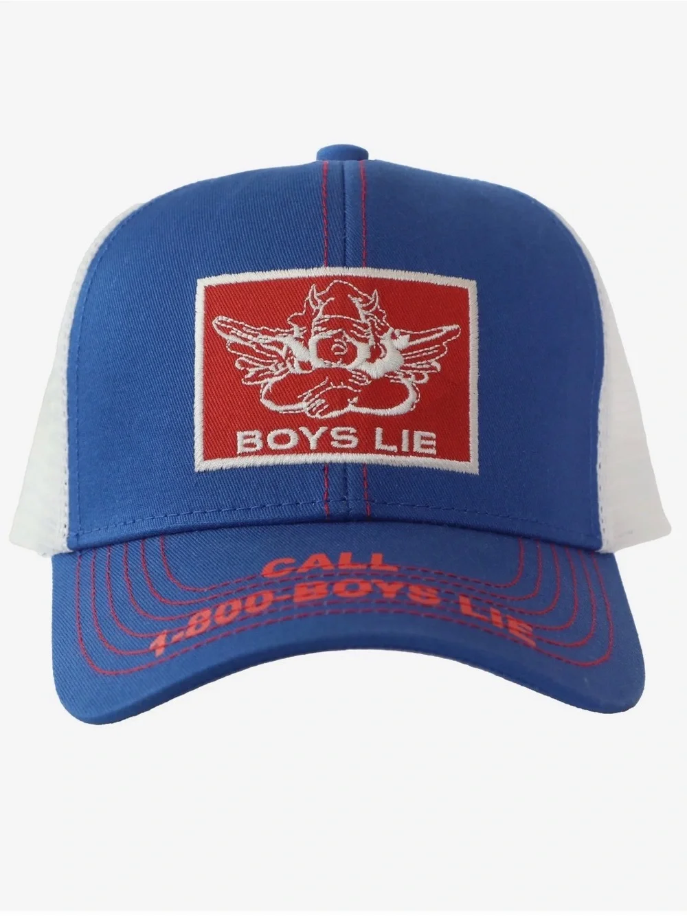 Boys Lie Royal Blue Trucker Hat with Red Patch and White Mesh